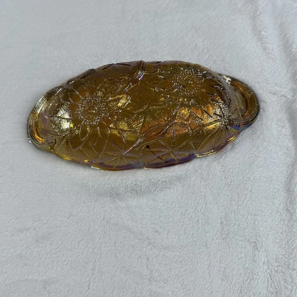 Vintage Amber Carnival Glass Handled Relish Candy Dish Sunflower Floral 10.5